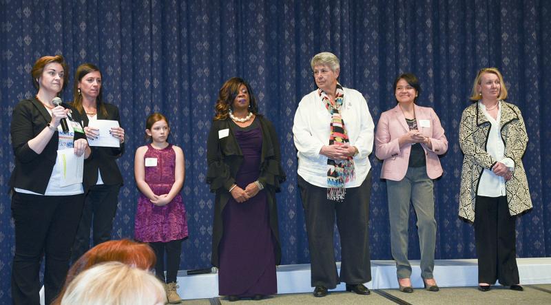 Honoring the individual recipients, Rachel Mavity and Mary Green, left, tell the attendees of the importance of their contributions. Shown are (l-r) Maggie Bare, Michelle Johnson, Natalie Moss, Patricia Rivera and Peggy Geisler.